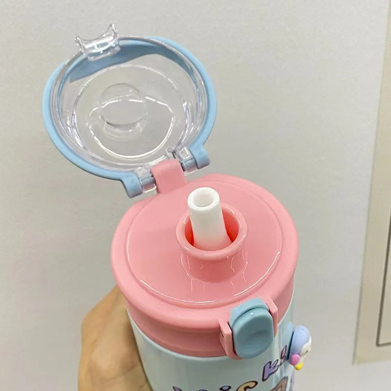 480ML Cute Thermos Bottle with Straw – Portable Kids Stainless Steel Thermal Mug