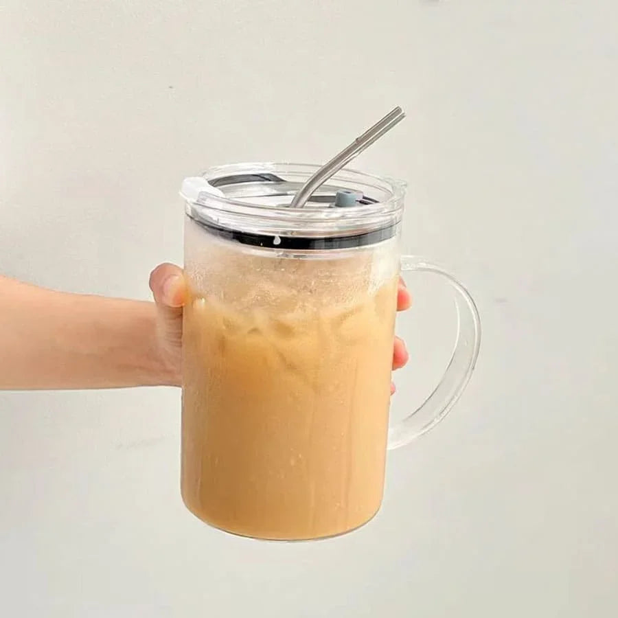 1L Large Glass Cup with Lid & Straw – Iced Coffee Juice Water Mug