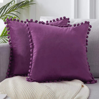 Soft Velvet Decorative Cushion Cover with Pom-Pom Ball – Sofa & Bedroom Pillowcase Blue Pink