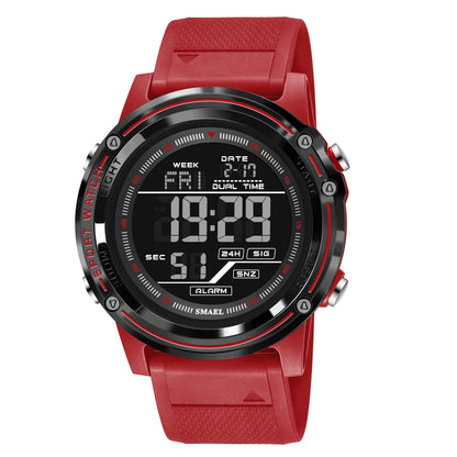 Red digital watch with black display on a white background