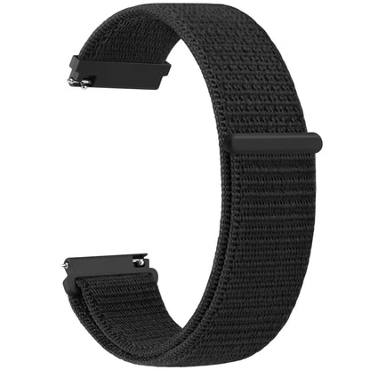 Black woven watch strap on a white background