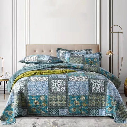 100% Cotton Quilted Bedspread – Rural Retro Bed Cover with Pillowcases for Queen & King Size
