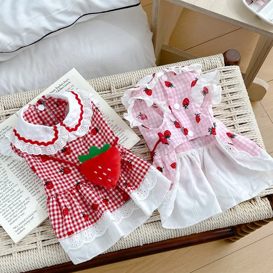 Strawberry Plaid Dog Dress for Small Breeds - Summer Puppy Apparel