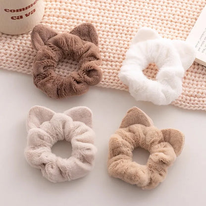 Korean Plush Cat Ear Scrunchies - High Elastic Hair Ties - BeeTrendyShop.COM