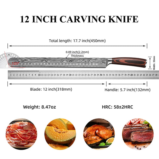 Sunnecko Chef's Brisket Slicing Knife 12" High Carbon Stainless Steel Ham Cutting Knife with Sheath Ergonomic Pakkawood Handle