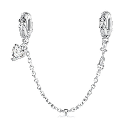 925 Sterling Silver Safety Chain Charm – Heart, Key & Flower CZ Stopper Bead