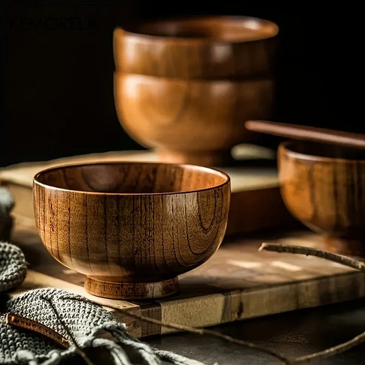 1PCS Natural Wooden Rice Bowl Household Salad Ice Cream Fruit Wooden Bowl Kitchen Food Storage Tableware
