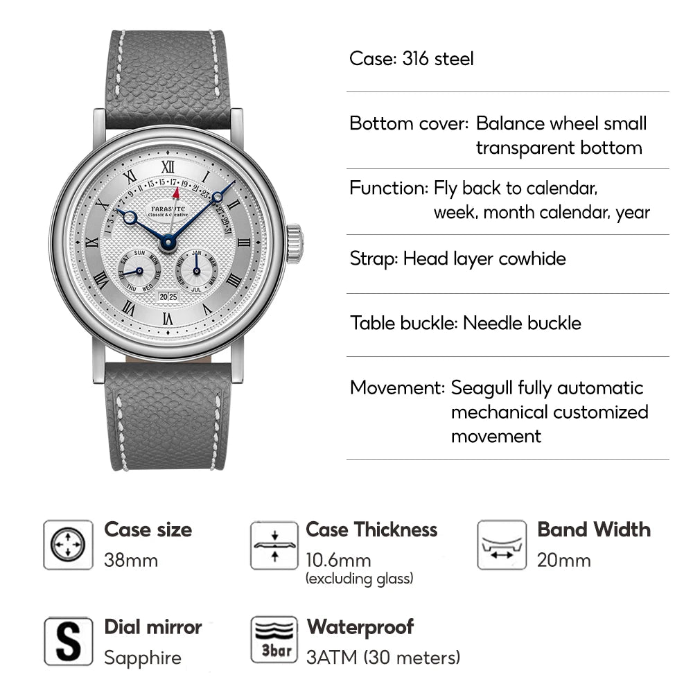 FARASUTE Men's Mechanical Watch Flyback Function Seagull Movement Month Display Week Display Calendar YearDisplay Sapphire Watch