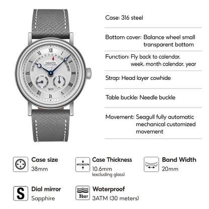 FARASUTE Men's Automatic Mechanical Watch – Flyback Seagull Movement, Sapphire Crystal