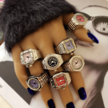 Vintage Punk Finger Watch Mini Elastic Strap Alloy Watches Couple Rings Jewelry Clock Retro Roman Quartz Watch Rings Women Men - BeeTrendyShop.COM