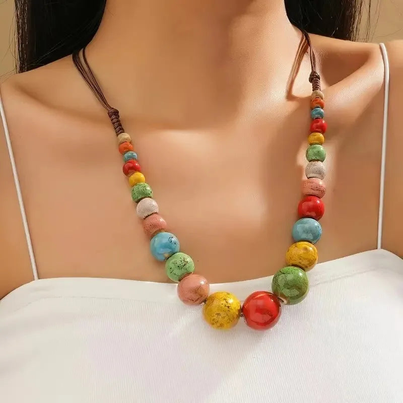 Colorful Handmade Ceramic Necklace – Multilayer Boho Beaded Jewelry