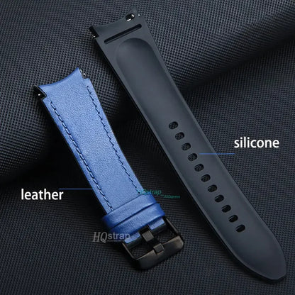 Two watch straps, one leather and one silicone, on a textured black background.