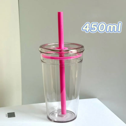 450ML Reusable Plastic Straw Cup – Transparent Coffee Tumbler for Car & Office
