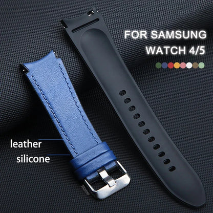 Two watch straps, one leather and one silicone, on a textured black background with text indicating compatibility for Samsung watches.