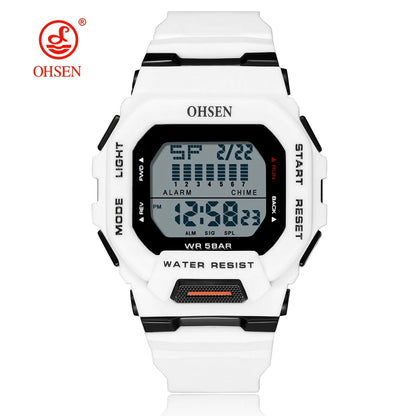 Digital watch with white strap and black display on a white background, featuring the Ohsen brand.
