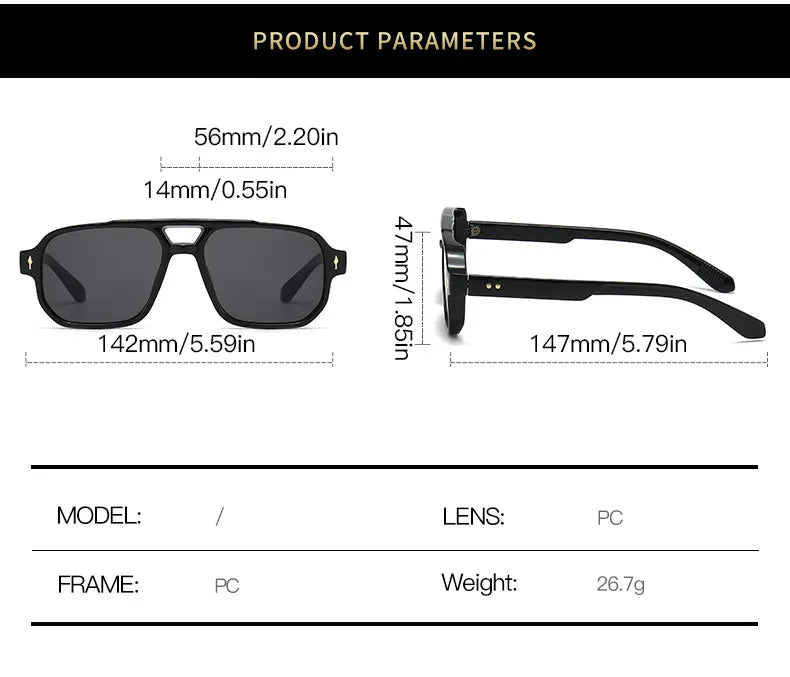 Retro Double Bridge Square Sunglasses – Luxury Rivet Design UV400 Unisex