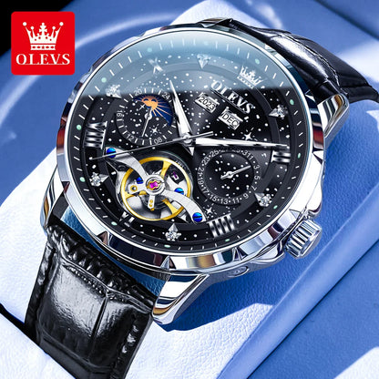 Luxury OLEVS watch with black leather strap and detailed face on a blue background