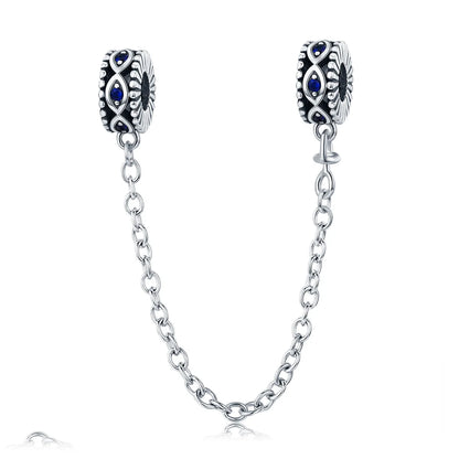 925 Sterling Silver Safety Chain Charm – Heart, Key & Flower CZ Stopper Bead
