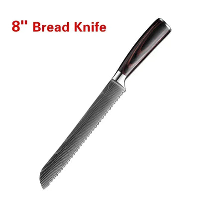 Laser Damascus Kitchen Knife Set – Cleaver, Santoku, Bread, Boning & Kitchen Scissors