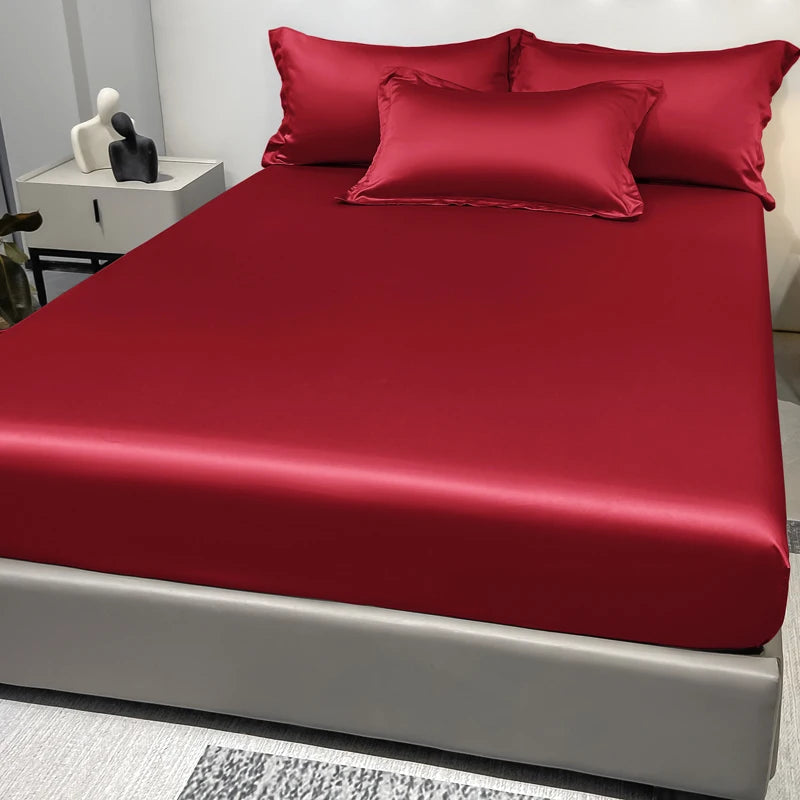 Modern Satin Ice Silk Solid Color Fitted Sheet – Smooth Bedroom Bedspread (Excluding Pillowcases)