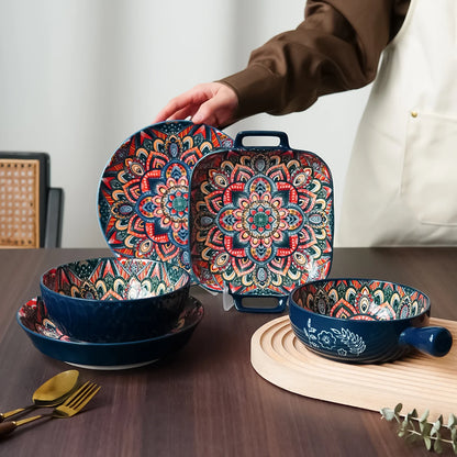 Bohemian Ceramic Tableware Set – Unique Floral Pattern Serving Plate for Home, Camping & Restaurant
