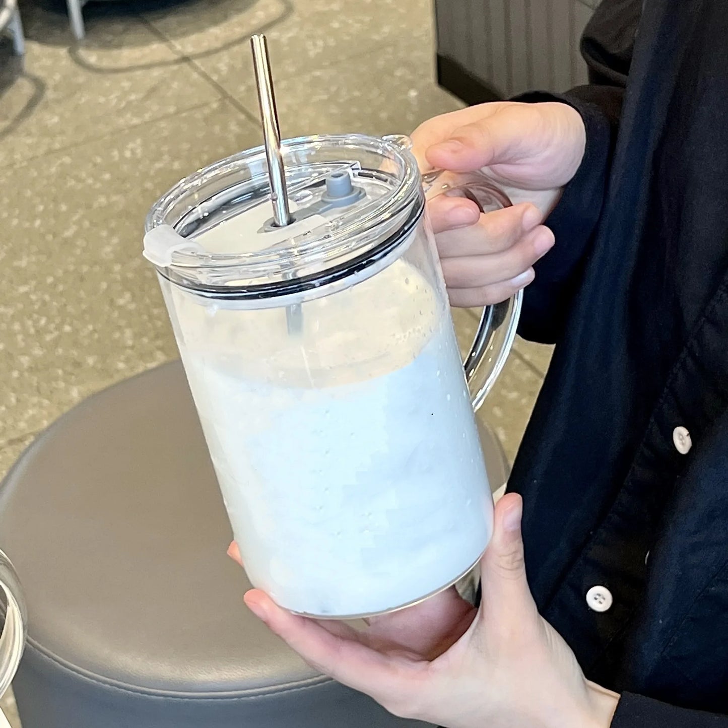 1L Large Glass Cup with Lid & Straw – Iced Coffee Juice Water Mug