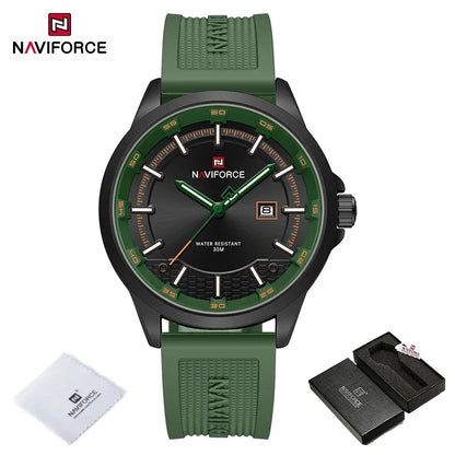 Naviforce watch with green strap and black face, including packaging on a white background.