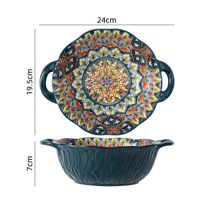 Bohemian Retro Ceramic Dinner Plate Set – Household Tableware with Salad & Soup Bowls