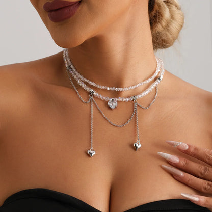 Y2K Heart Pendant Multilayer Choker Necklace – Glass & Zinc Alloy Women’s Jewelry