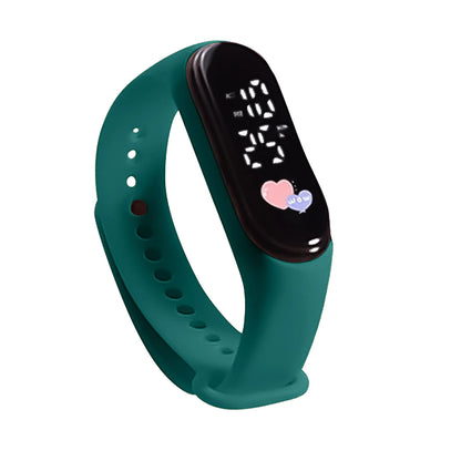 Teal smartwatch with a digital display on a white background