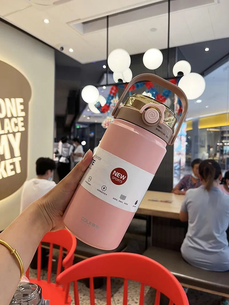 1L Stainless Steel Thermal Bottle with Straw – Vacuum Flask Hot & Cold Fitness Tumbler