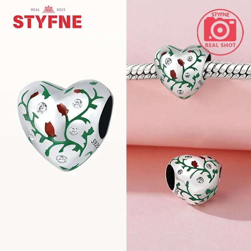 925 Silver Rose Pink Flower Shiny  Zircon Charm Beads For Original Charms Original Bracelet for Women DIY fine Jewelry Gift