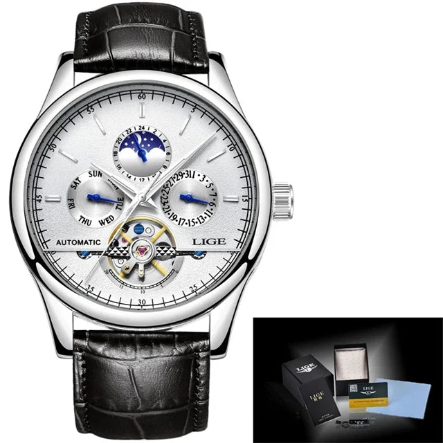 Luxury watch with black leather strap and detailed face, displayed with LIGE packaging.