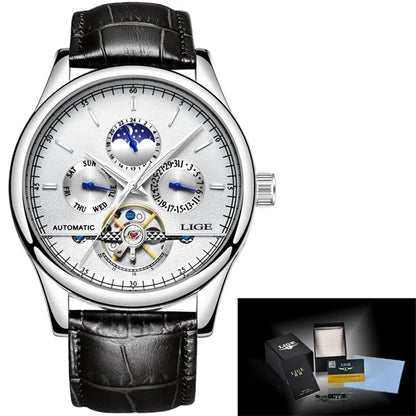 Luxury watch with black leather strap and detailed face, displayed with LIGE packaging.