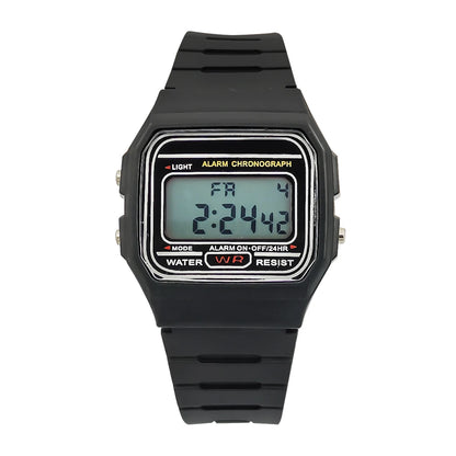 Black digital watch with a white background