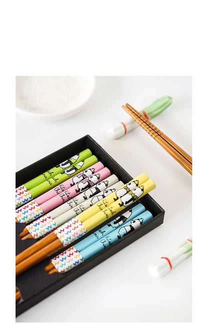 5-Pair Cute Multi-Color Bamboo Chopsticks Set – Non-Slip Household Wooden Tableware