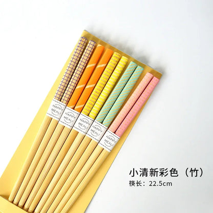 5-Pair Cute Multi-Color Bamboo Chopsticks Set – Non-Slip Household Wooden Tableware