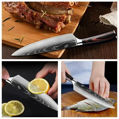 Laser Damascus Kitchen Knife Set – Cleaver, Santoku, Bread, Boning & Kitchen Scissors