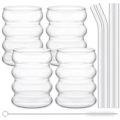 Ribbed Glassware Cups with Straws Set – Cocktail Fruit Coffee Mug Clear Glass
