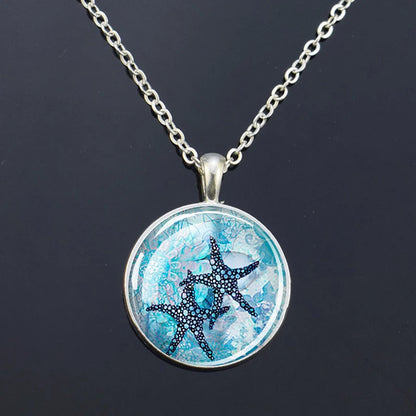 Ocean Marine Animal Glass Dome Pendant Necklace – Sea Turtle, Dolphin & Starfish Long Chain