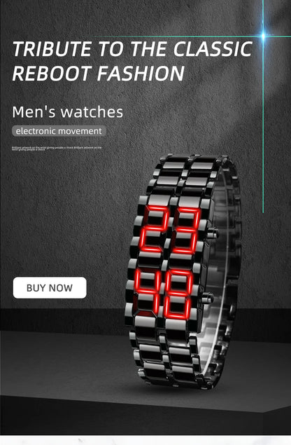 Fashion Mens Digital Lava Wrist Watch Men Black Full Metal Red Blue LED Display Watches Gifts for Male Boy Sport Creative Clock - BeeTrendyShop.COM