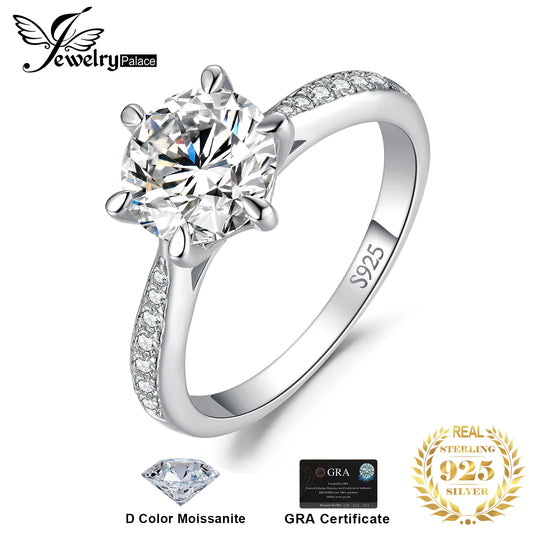 JewelryPalace Moissanite D Color 1ct 1.5ct 2ct 3ct Round S925 Sterling Silver Wedding Engagement Ring for Women