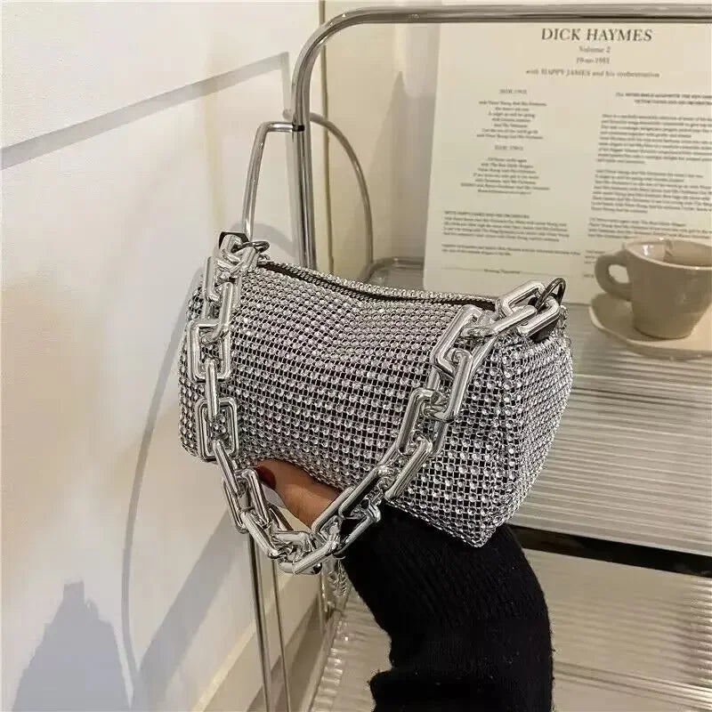 Allover Rhinestone Bucket Bag, Glitter Chain Prom Purse, Women's Mini Crossbody Bag - BeeTrendyShop.COM