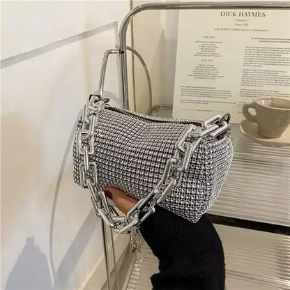 Allover Rhinestone Bucket Bag, Glitter Chain Prom Purse, Women's Mini Crossbody Bag - BeeTrendyShop.COM
