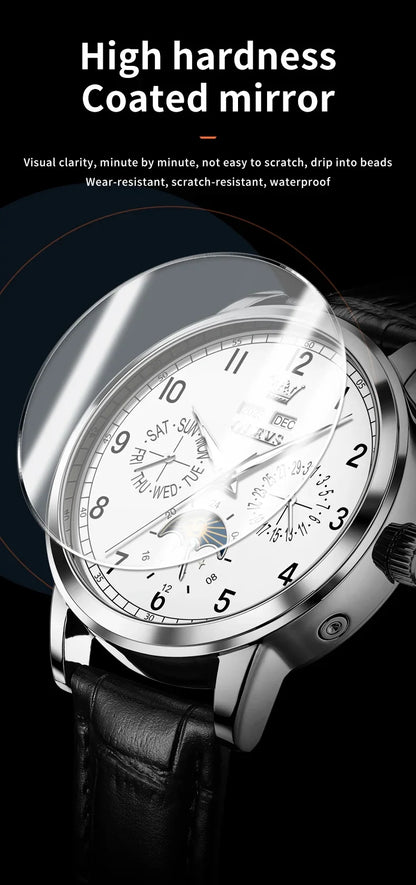 OLEVS 6698 Automatic Mechanical Watch – Luxury Leather Strap, Moon Phase, Waterproof