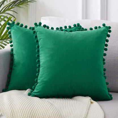 Soft Velvet Decorative Cushion Cover with Pom-Pom Ball – Sofa & Bedroom Pillowcase Blue Pink