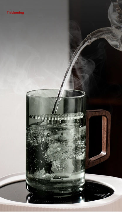Glass Coffee Mug with Wooden Handle – Transparent Tea Cup Kitchen Coffeeware