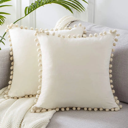 Soft Velvet Decorative Cushion Cover with Pom-Pom Ball – Sofa & Bedroom Pillowcase Blue Pink