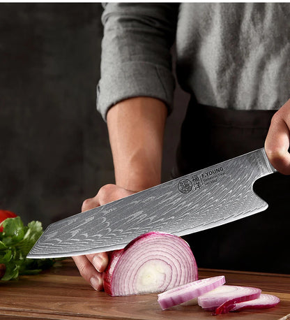 F.YOUNG 8-Inch Kiritsuke Damascus Chef Knife – Hand Forged Japanese Kitchen Knife