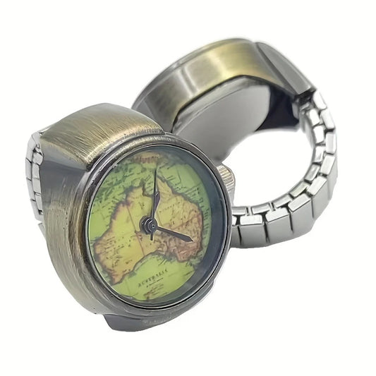 Retro Map Face Ring Watch for Men and Women Fashion Trend Retro Quartz Watch Antique Copper Exquisite Small Gift Watch